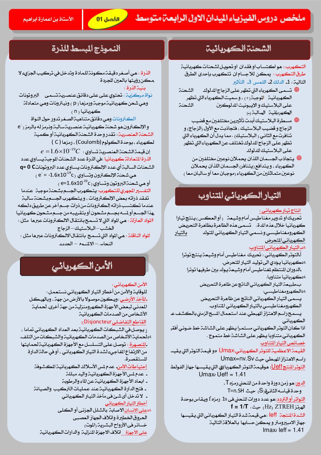 ملخص ميدان الظواهر الكهربائية إعداد الأستاذ بن اعمارة ابراهيم 4 متوسط