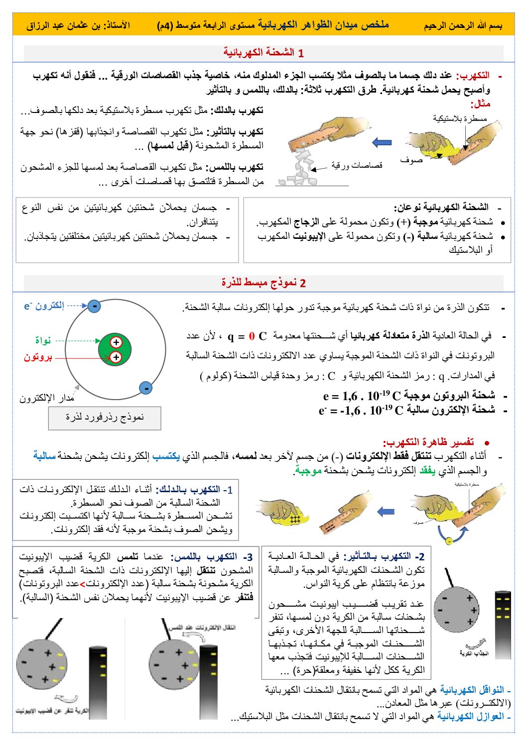 ملخص ميدان الظواهر الكهربائية في الفيزياء للأستاذ بن عثمان عبد الرزاق 4 متوسط