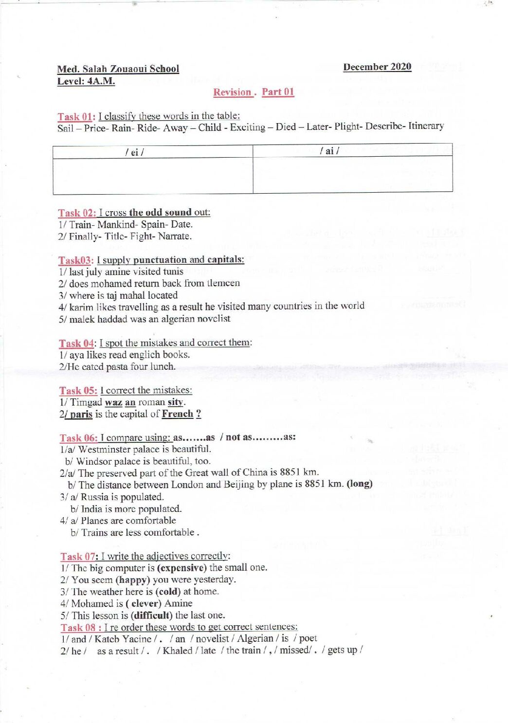 نشاطات في اللغة الانجليزية 4 متوسط Activities of sequence 1 MsLatreche