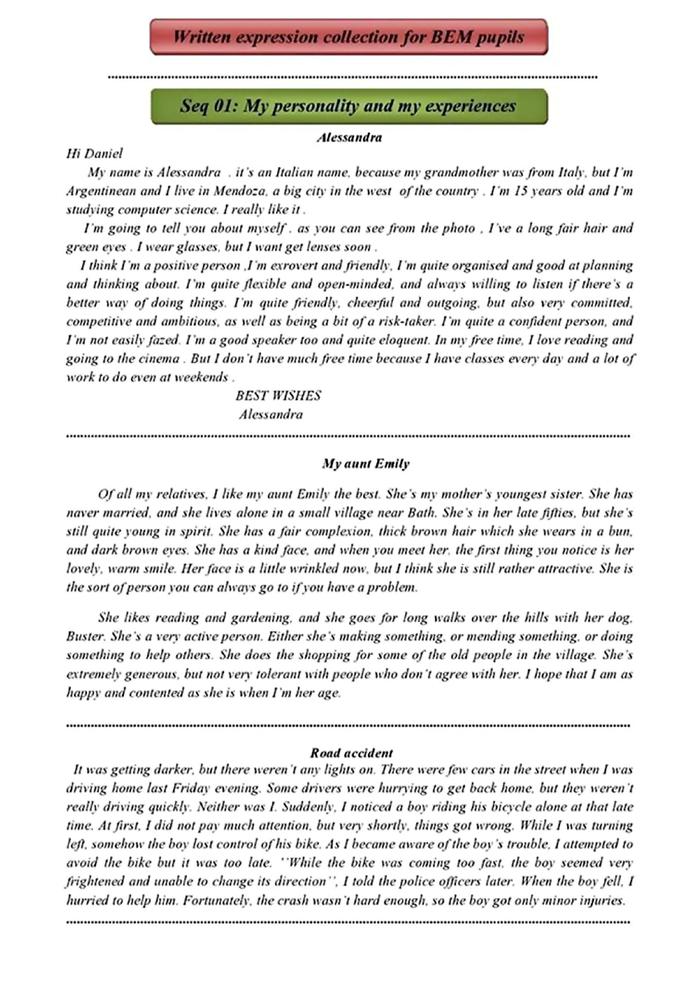 وضعيات إدماجية 01 Written expression collection for BEM pupils My personality and my experiences