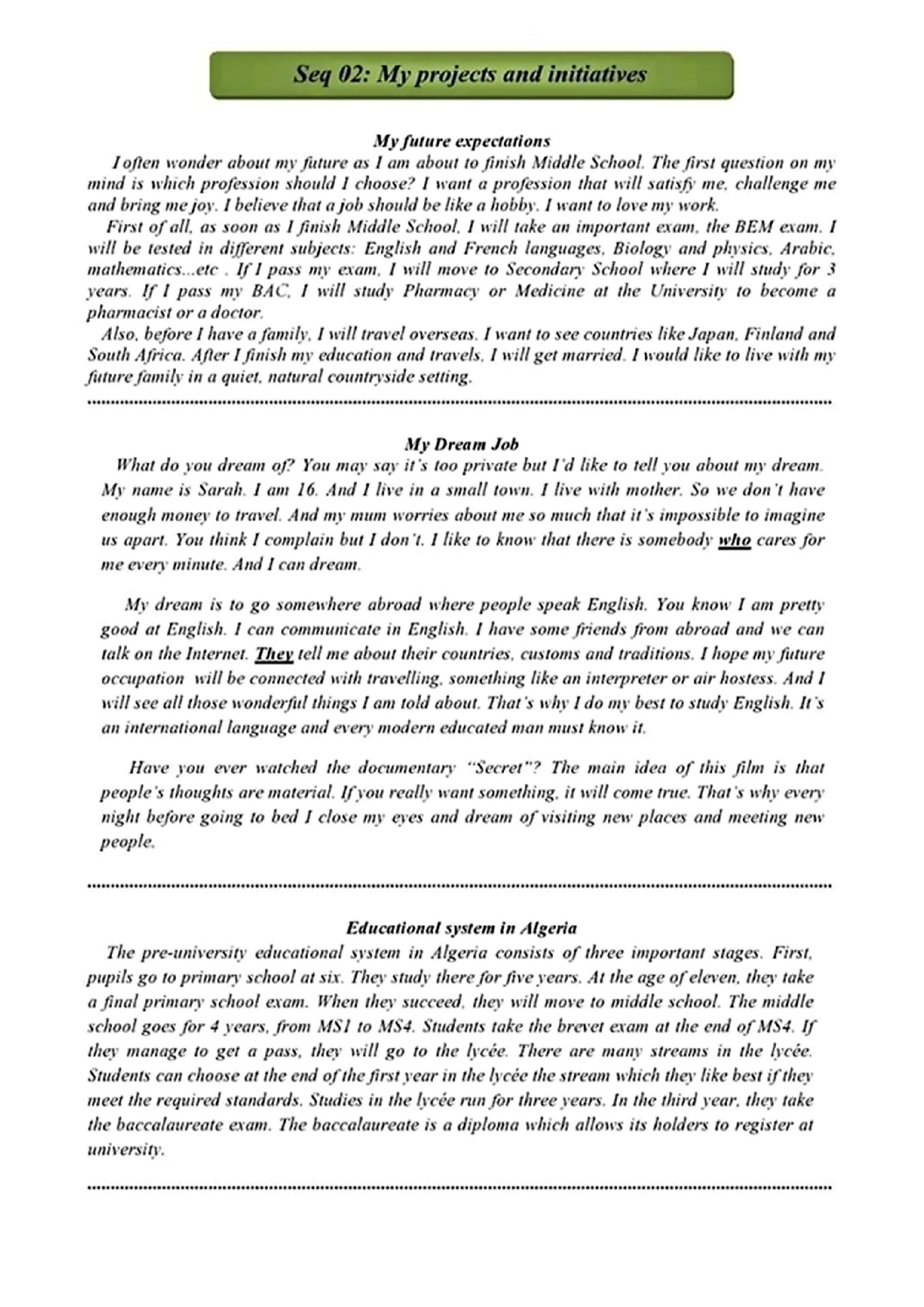 وضعيات إدماجية 02 Written expression collection for BEM pupils My projects and initiatives