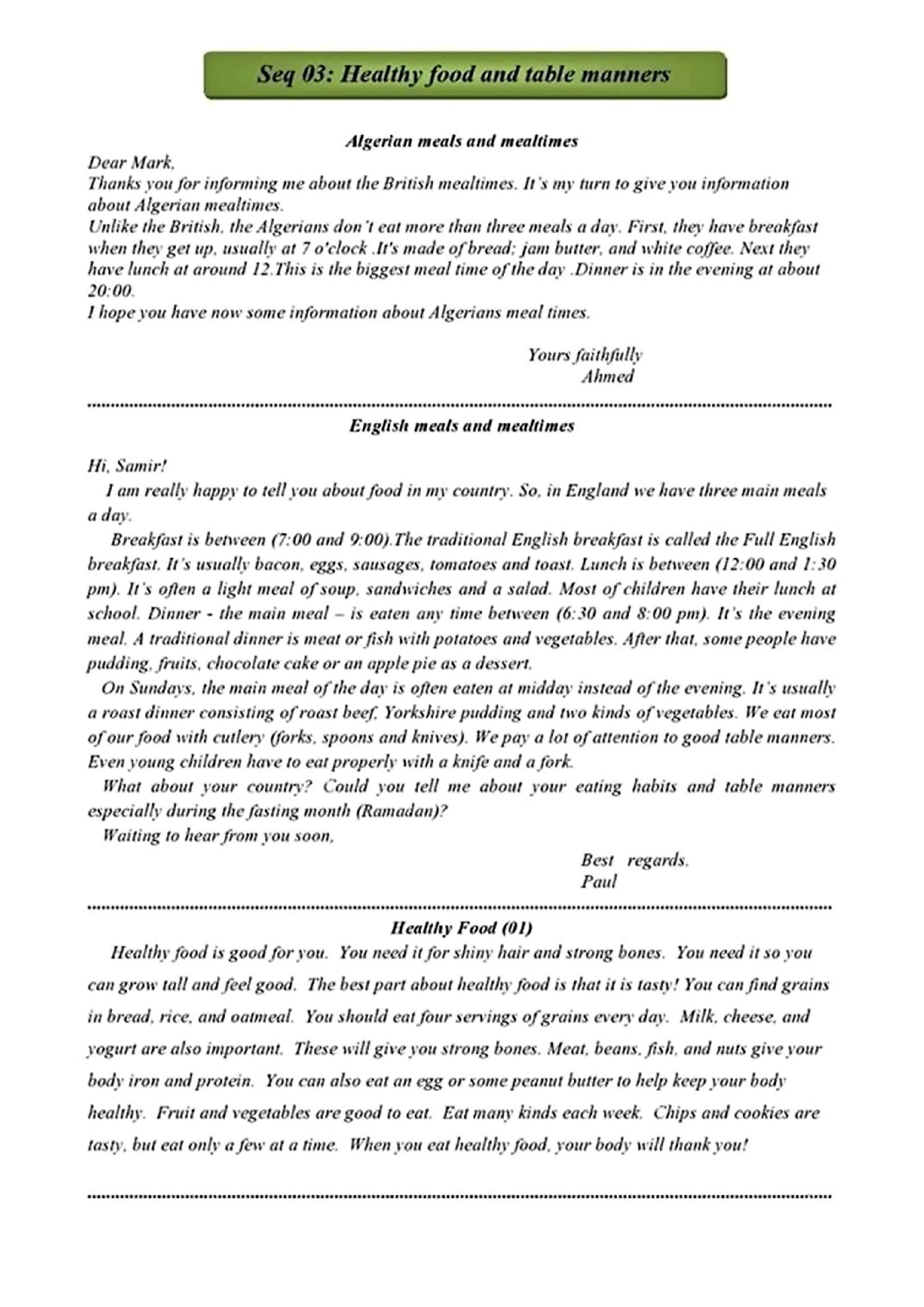 وضعيات إدماجية 03 Written expression collection for BEM pupils Healthy food and table manners