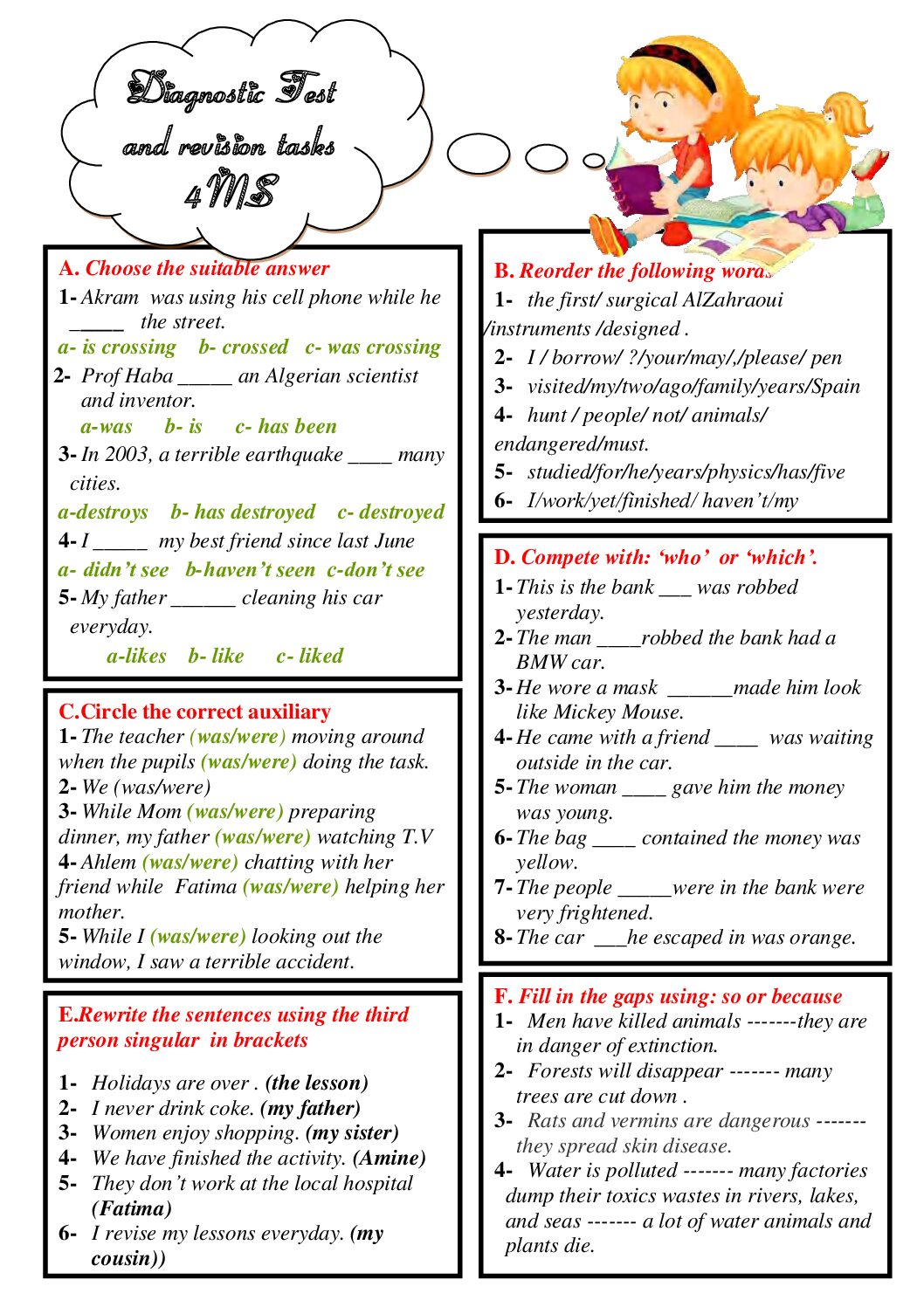 25 تمرين في مادة اللغة الانجليزية 4 متوسط Diagnostic test 4MS