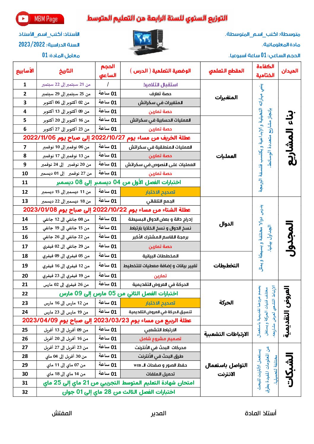 التوزيع السنوي لمادة الاعلام الآلي موسم 2023 4 متوسط
