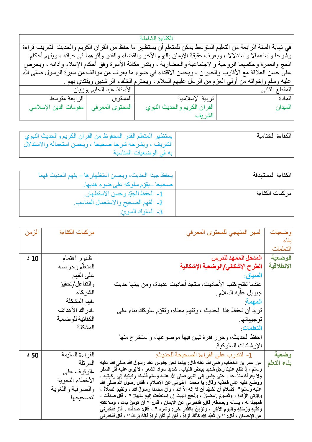 مذكرات الفصل 02 في مادة التربية الاسلامية للاستاذ عبد الحيلم بوزيان 4 متوسط