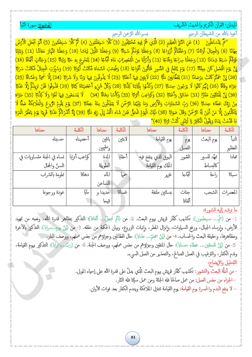 ملخصات التربية اللإسلامية كاملة 4 متوسط