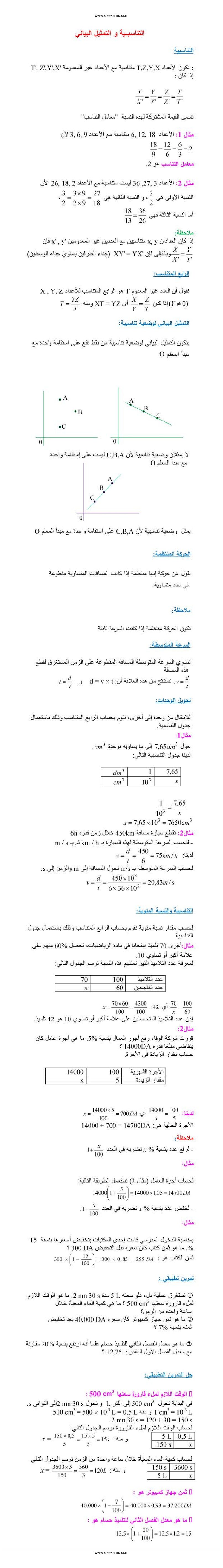ملخص درس التناسبية و التمثيل البياني في الرياضيات 3 متوسط