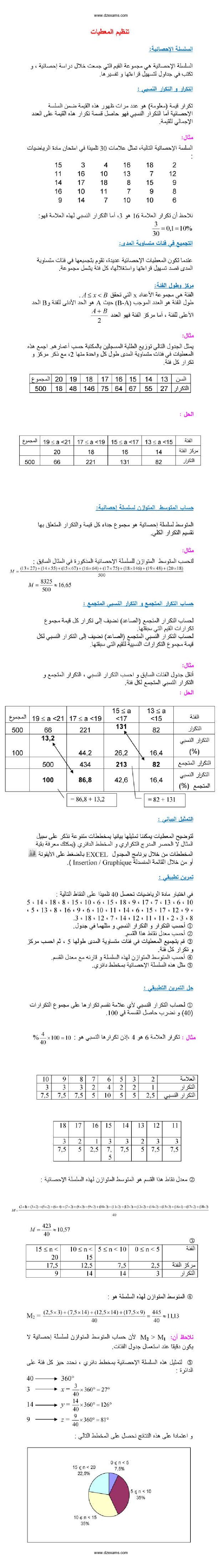 ملخص درس تنظيم المعطيات في الرياضيات 3 متوسط