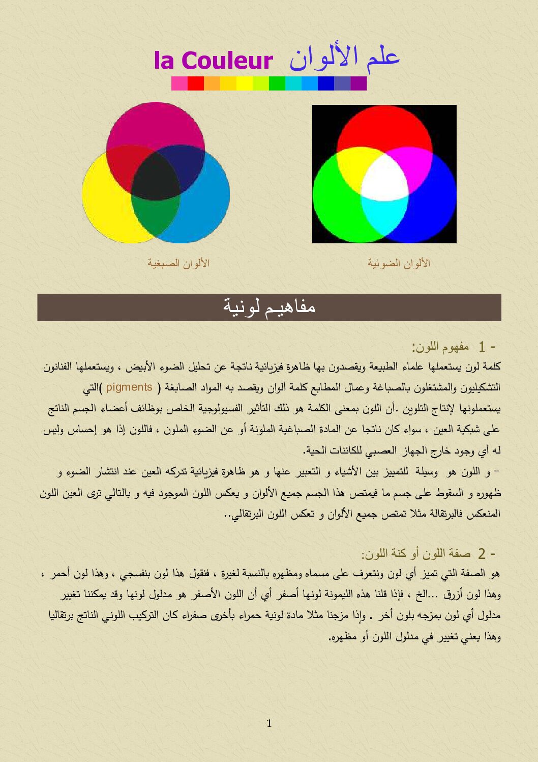 ملخص درس علم الألوان في التربية الفنية التشكيلية 4 متوسط