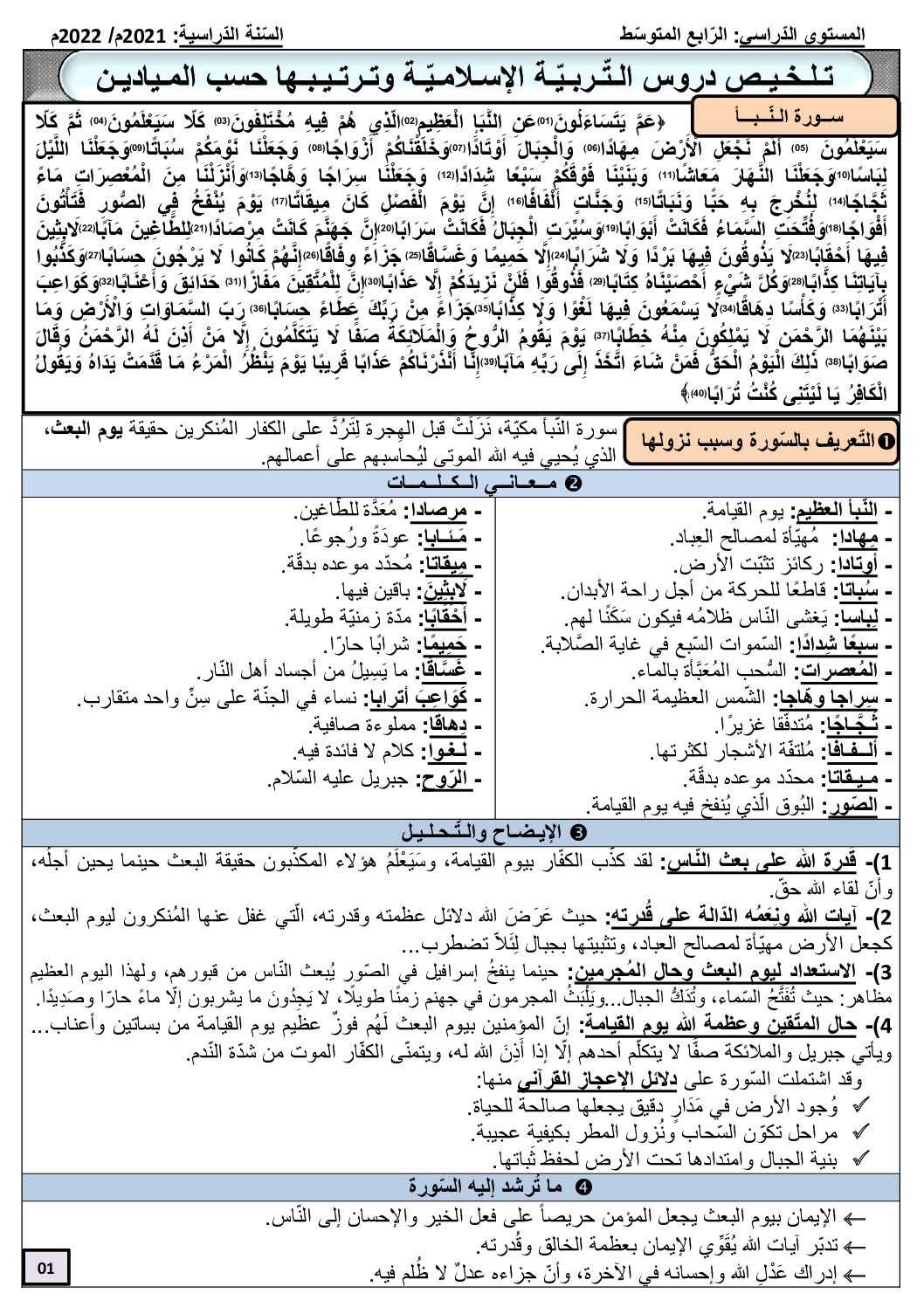 ملخص دروس التربية الإسلامية إعداد الأستاذ حلبيق اسماعيل 4 متوسط