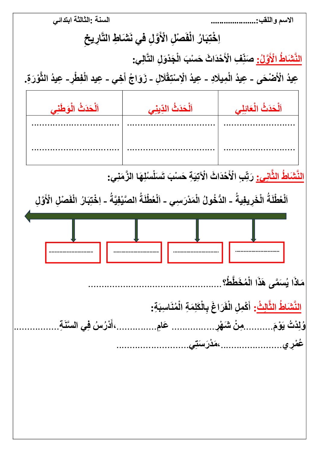 إختبار الفصل الأول في التاريخ والجغرافيا السنة الثالثة ابتدائي رقم 84