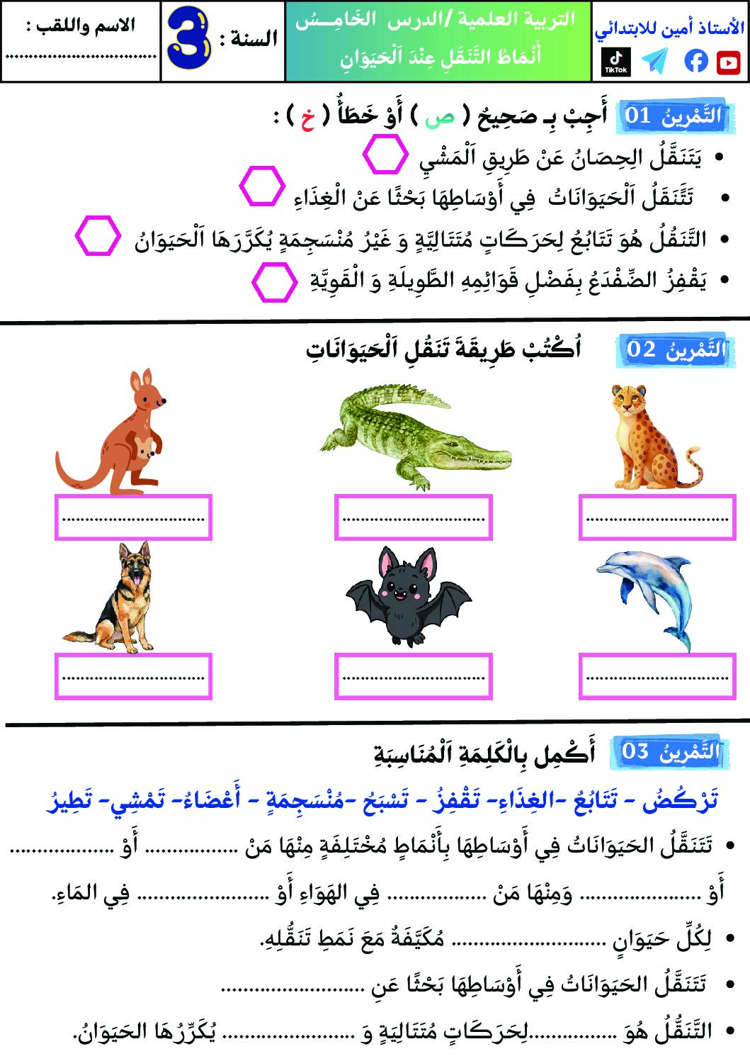 إختبار الفصل الأول في التربية العلمية السنة الثالثة ابتدائي رقم 75