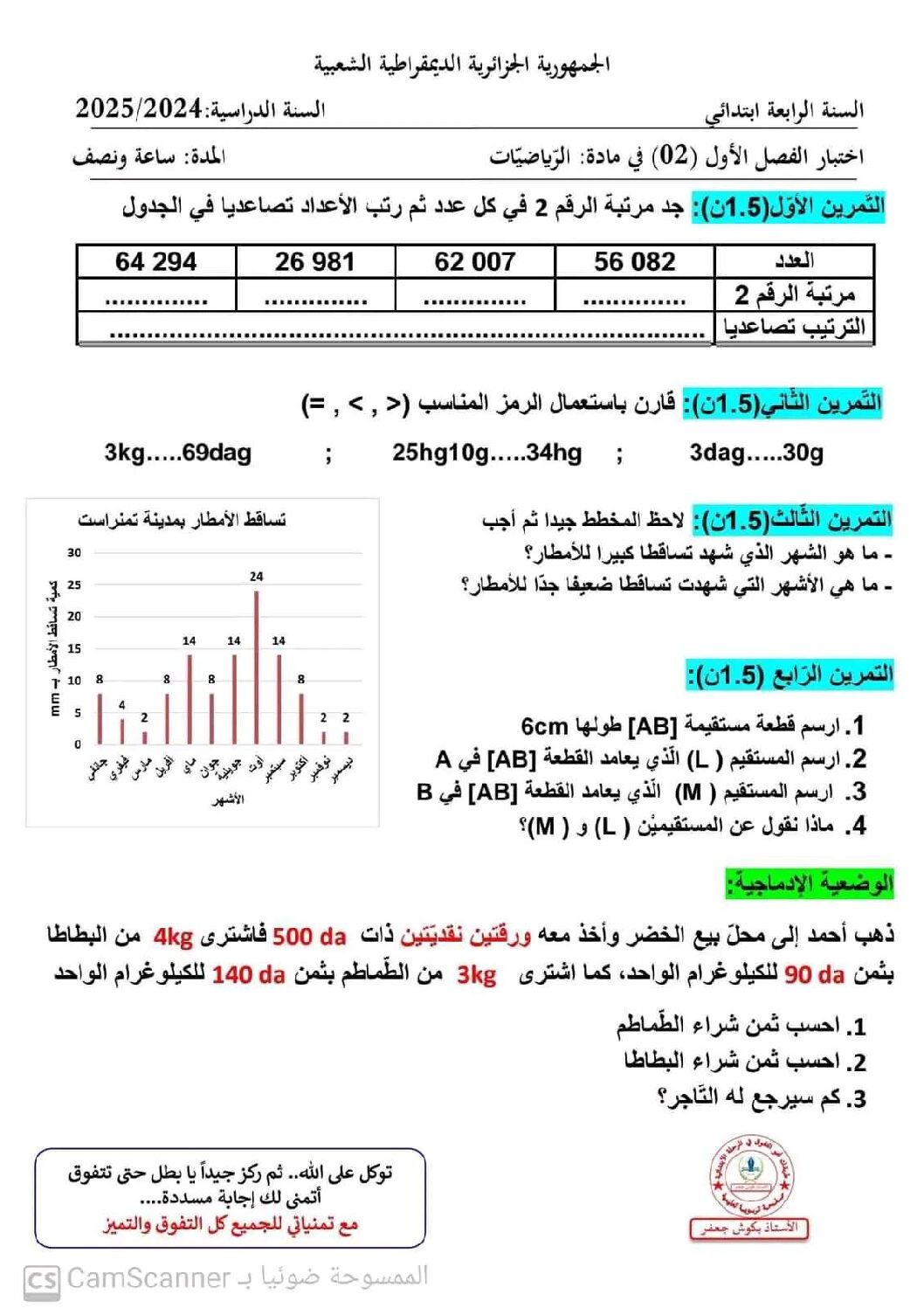 إختبار الفصل الأول في الرياضيات السنة الرابعة ابتدائي رقم 101