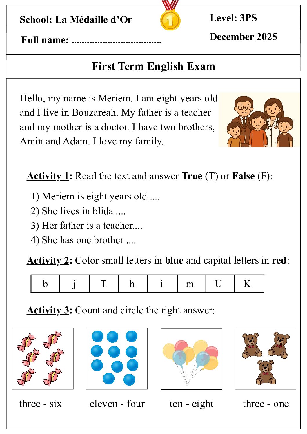إختبار الفصل الأول في اللغة الإنجليزية السنة الثالثة ابتدائي رقم 65