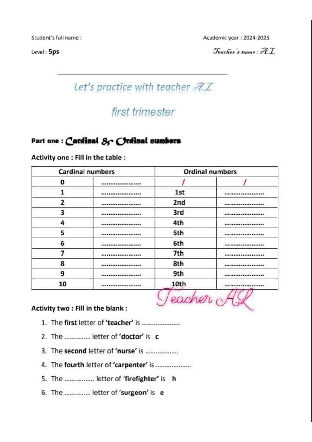 إختبار الفصل الأول في اللغة الإنجليزية السنة الخامسة ابتدائي رقم 26 مع التصحيح