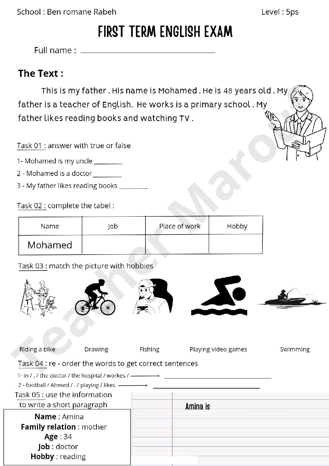 إختبار الفصل الأول في اللغة الإنجليزية السنة الخامسة ابتدائي رقم 31