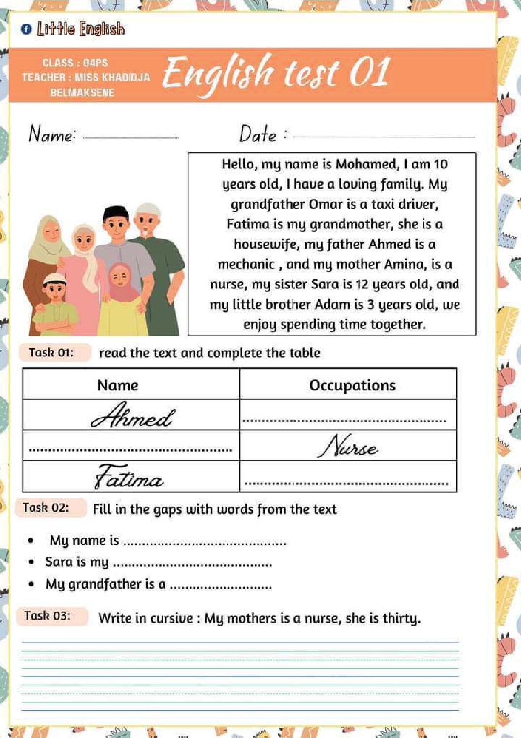 إختبار الفصل الأول في اللغة الإنجليزية السنة الرابعة ابتدائي رقم 25