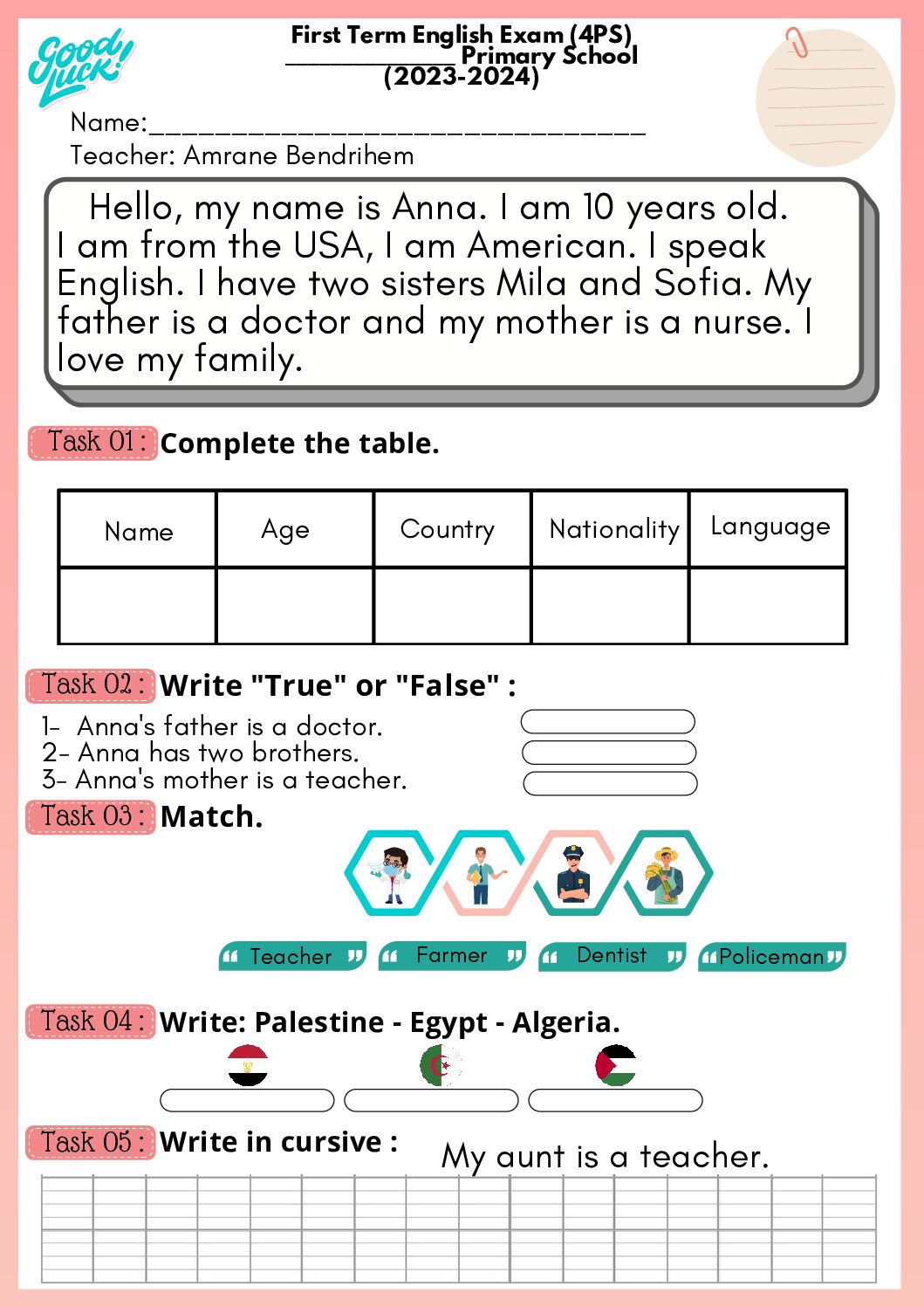 إختبار الفصل الأول في اللغة الإنجليزية السنة الرابعة ابتدائي رقم 26