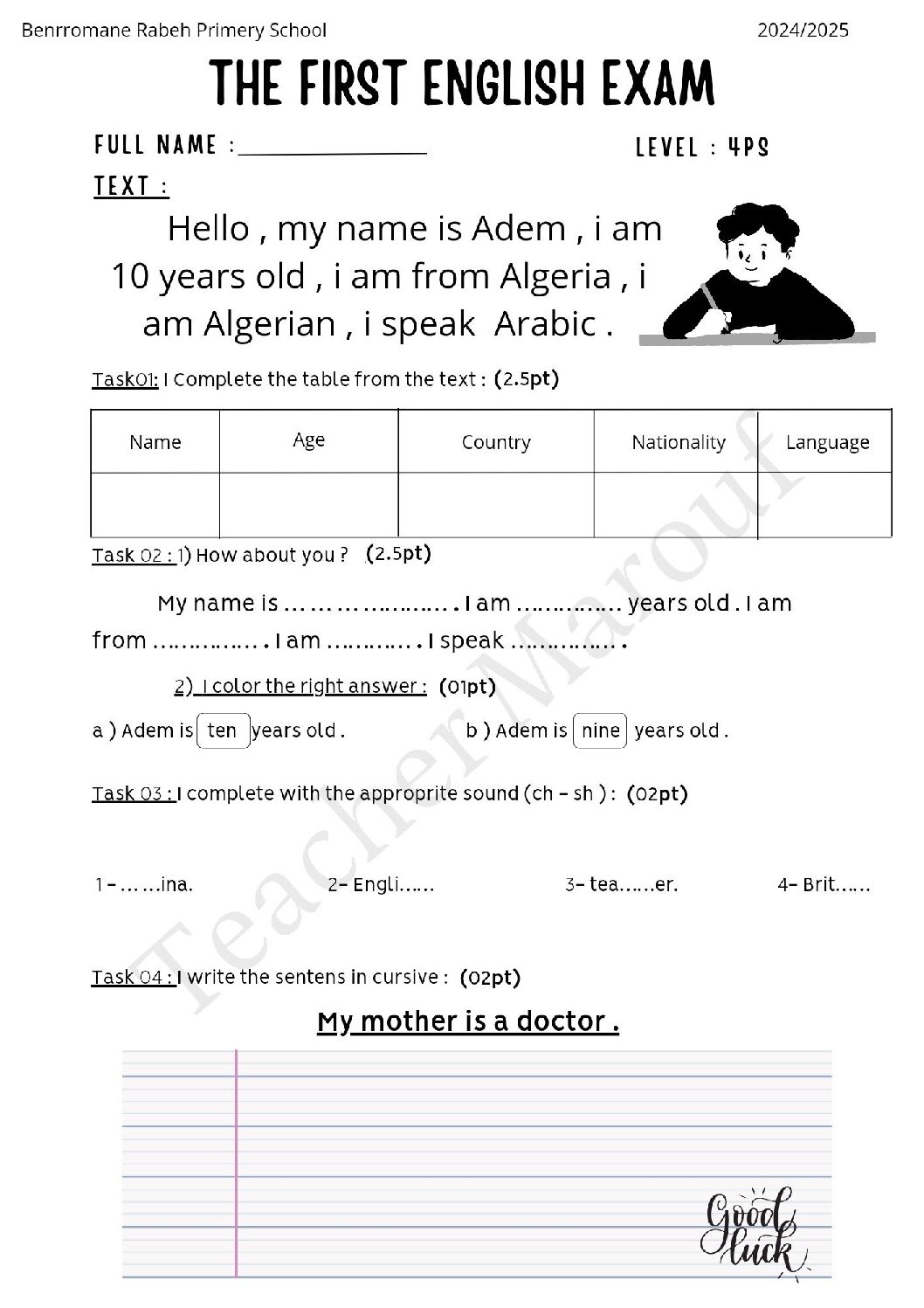 إختبار الفصل الأول في اللغة الإنجليزية السنة الرابعة ابتدائي رقم 40