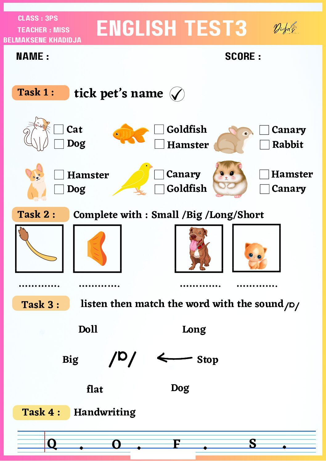 إختبار الفصل الثالث في اللغة الإنجليزية السنة الثالثة ابتدائي رقم 3