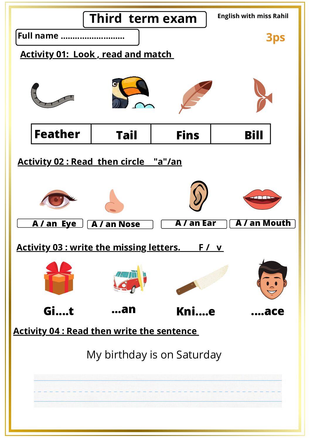 إختبار الفصل الثالث في اللغة الإنجليزية السنة الثالثة ابتدائي رقم 5