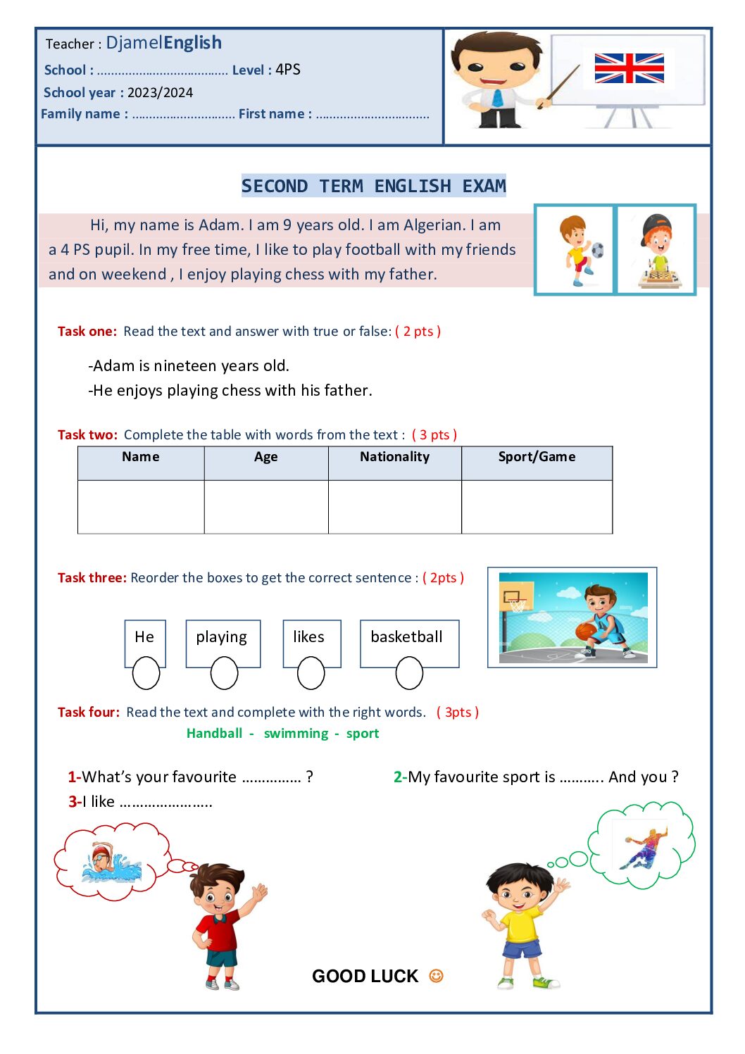 إختبار الفصل الثاني في اللغة الإنجليزية السنة الرابعة ابتدائي رقم 19