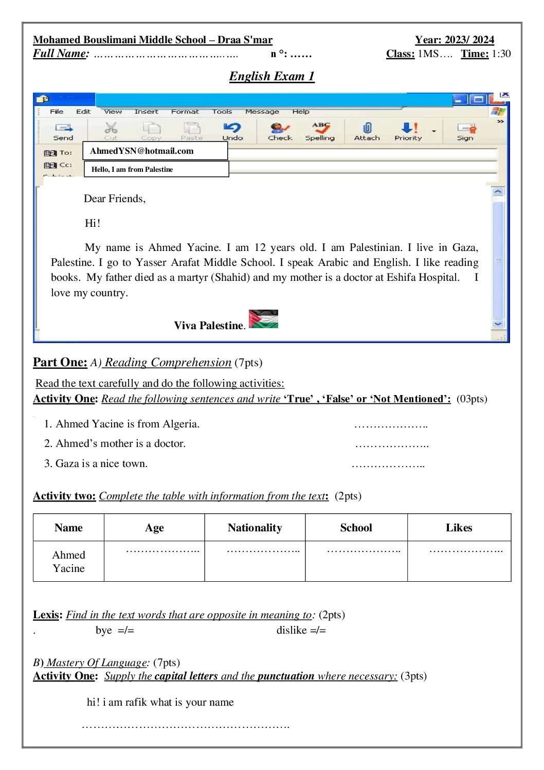 اختبار في اللغة الانجليزية الفصل الأول السنة الأولى متوسط رقم 50