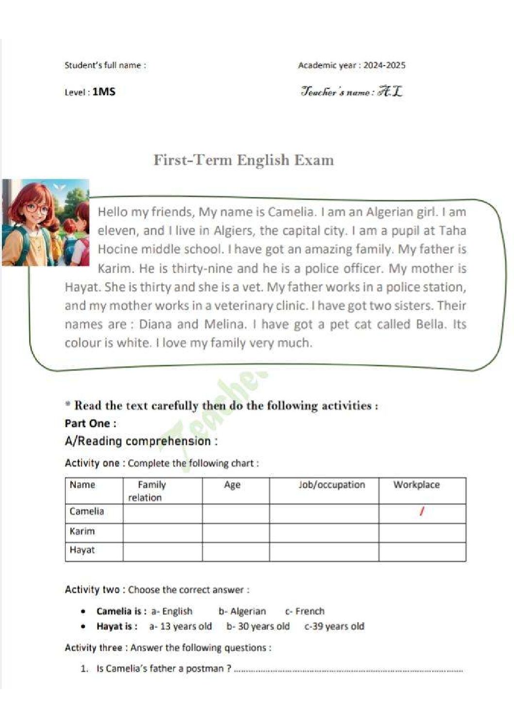 اختبار في اللغة الانجليزية الفصل الأول السنة الأولى متوسط رقم 57 مع التصحيح