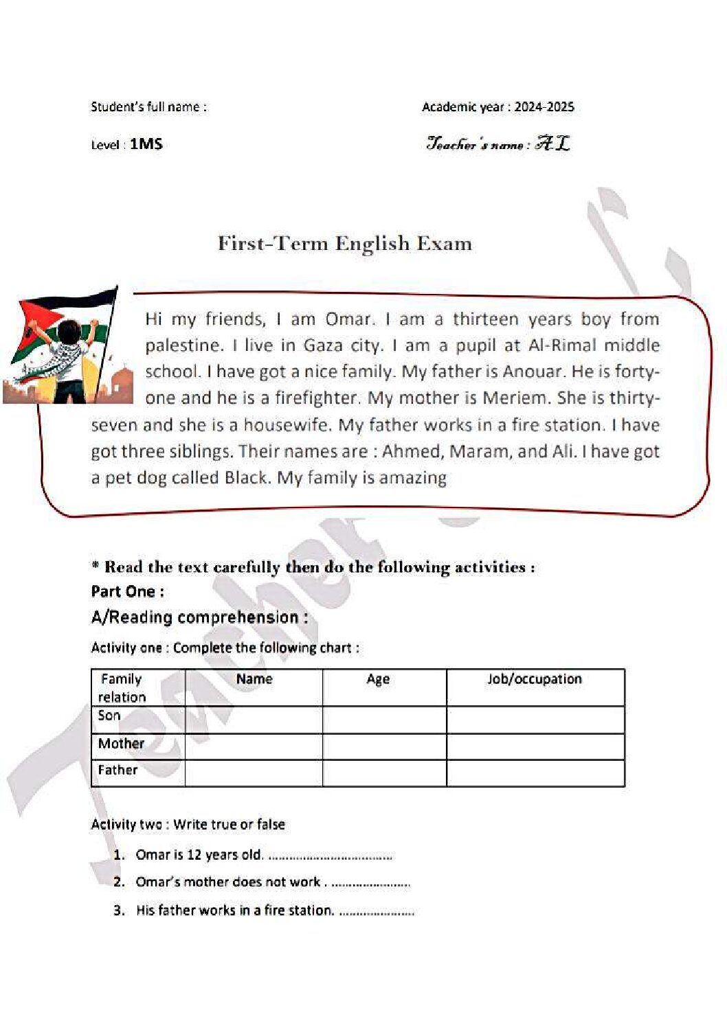 اختبار في اللغة الانجليزية الفصل الأول السنة الأولى متوسط رقم 58 مع التصحيح