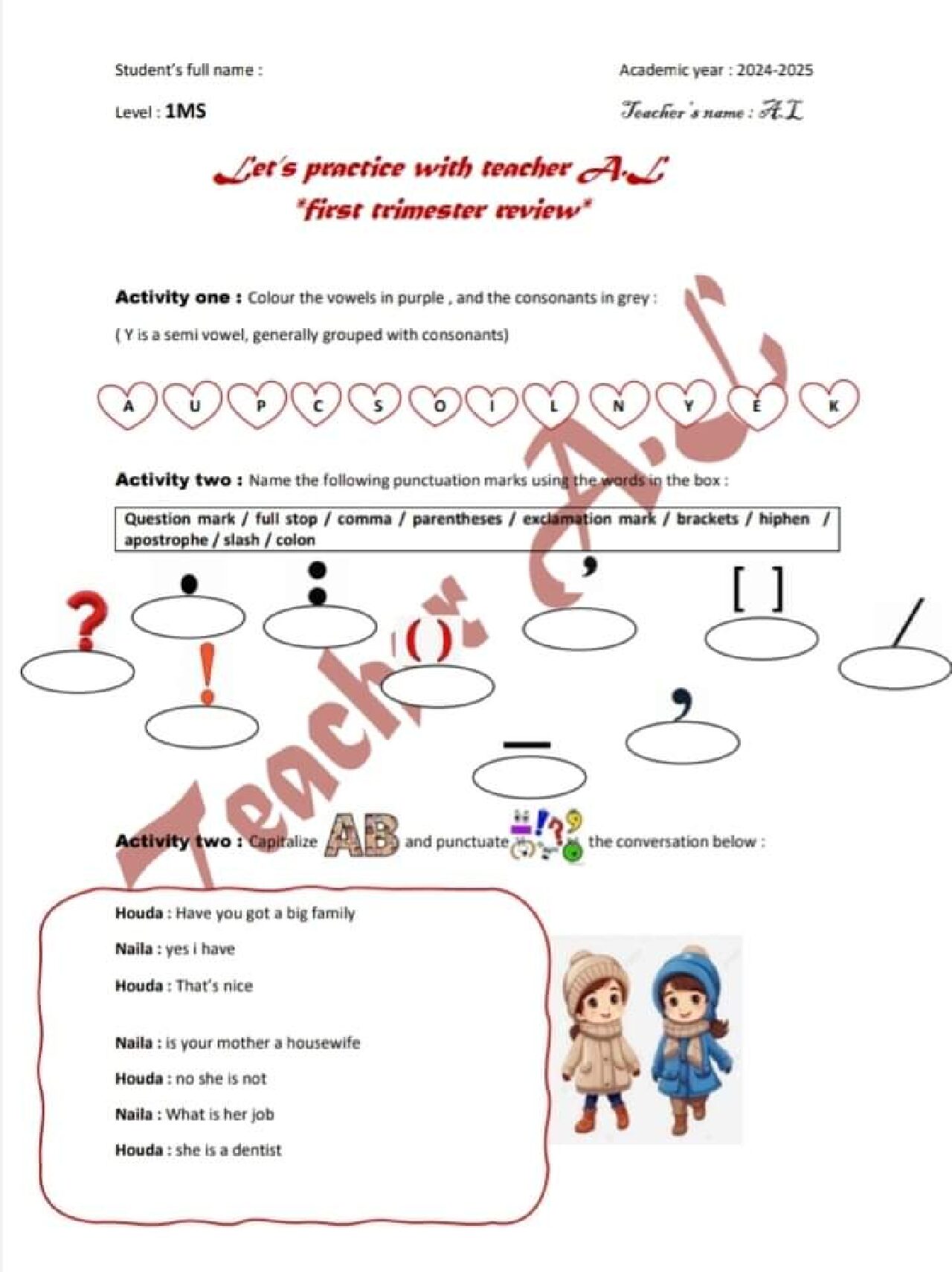 اختبار في اللغة الانجليزية الفصل الأول السنة الأولى متوسط رقم 60 مع التصحيح
