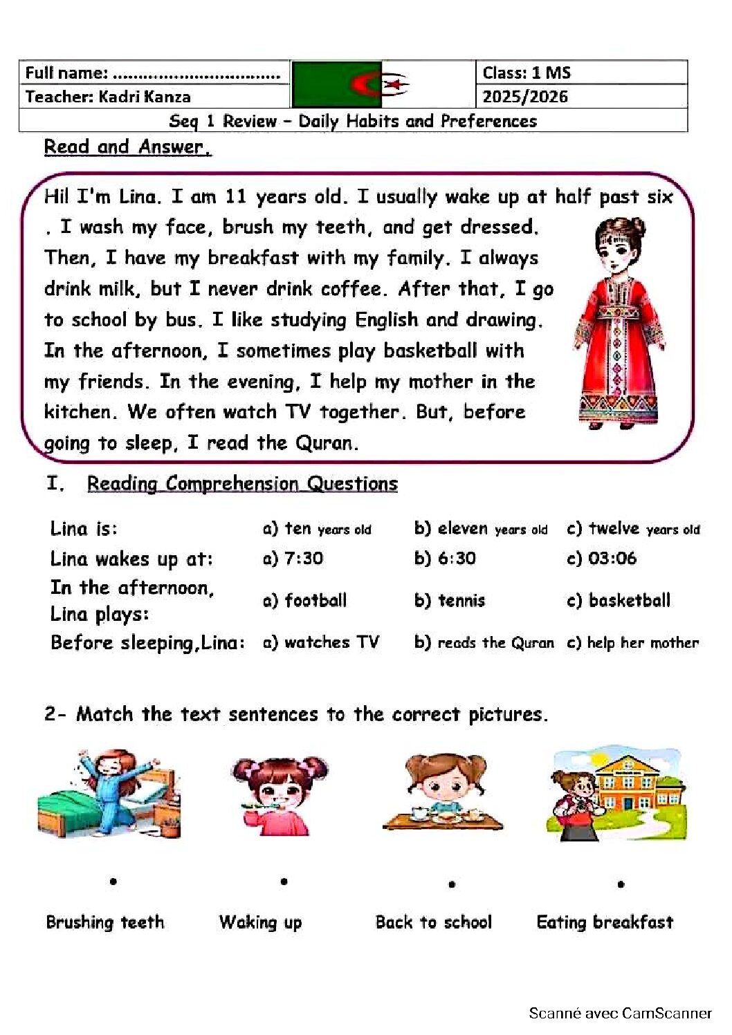 اختبار في اللغة الانجليزية الفصل الأول السنة الأولى متوسط رقم 67 مع التصحيح