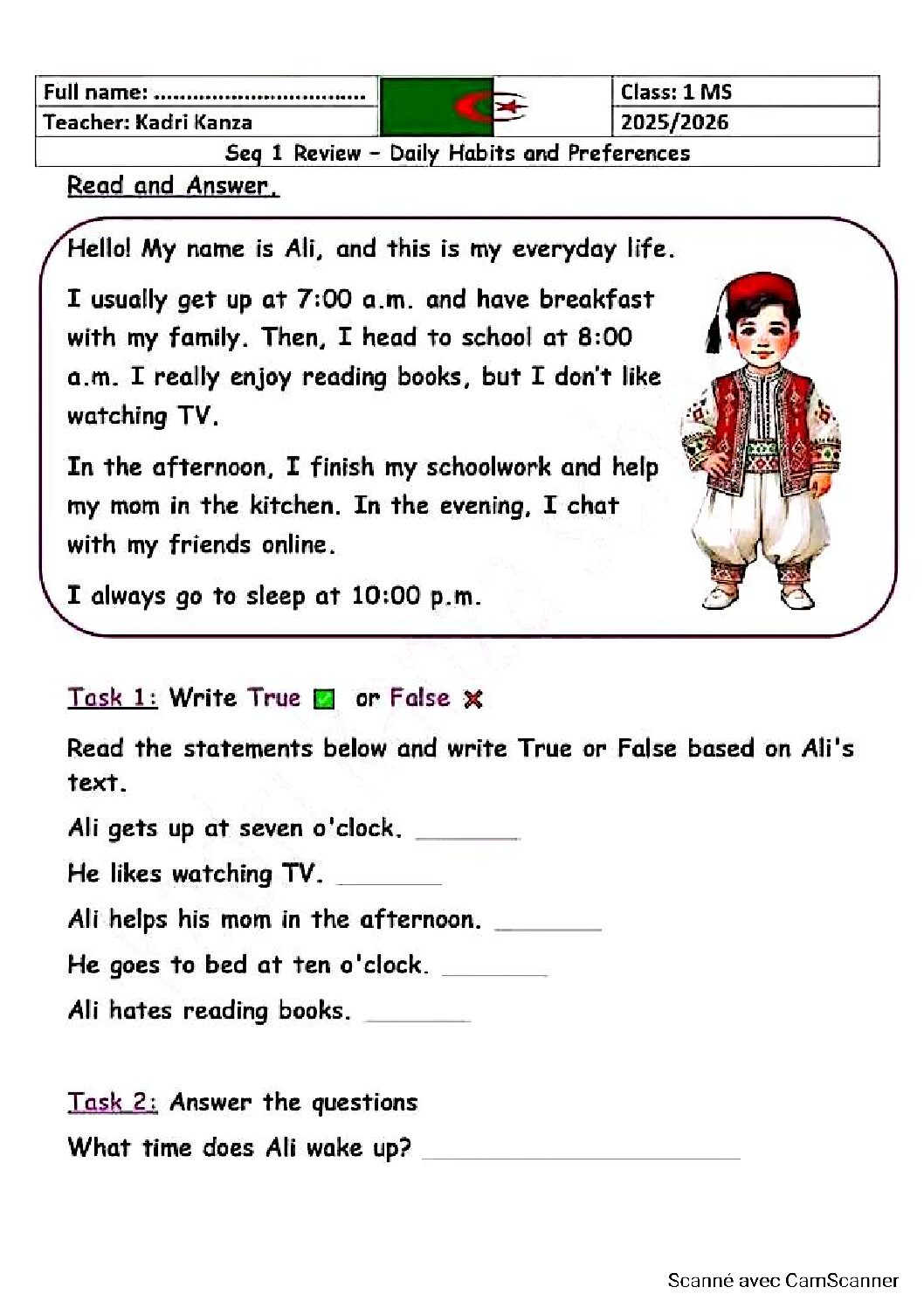 اختبار في اللغة الانجليزية الفصل الأول السنة الأولى متوسط رقم 68 مع التصحيح