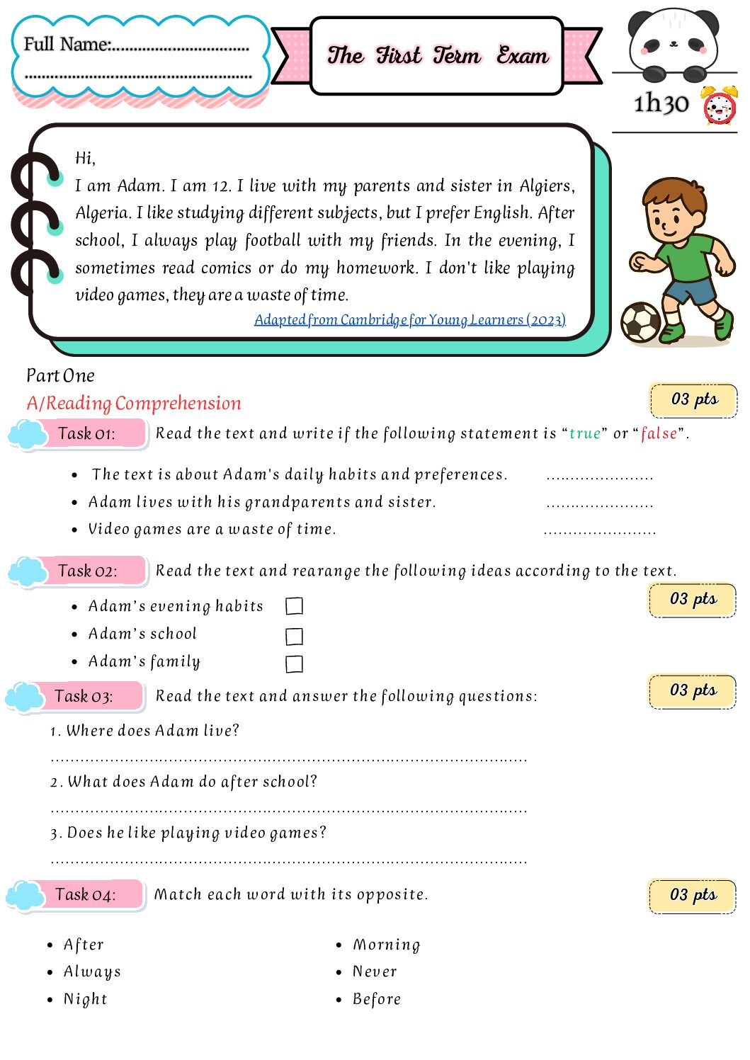 اختبار في اللغة الانجليزية الفصل الأول السنة الأولى متوسط رقم 69