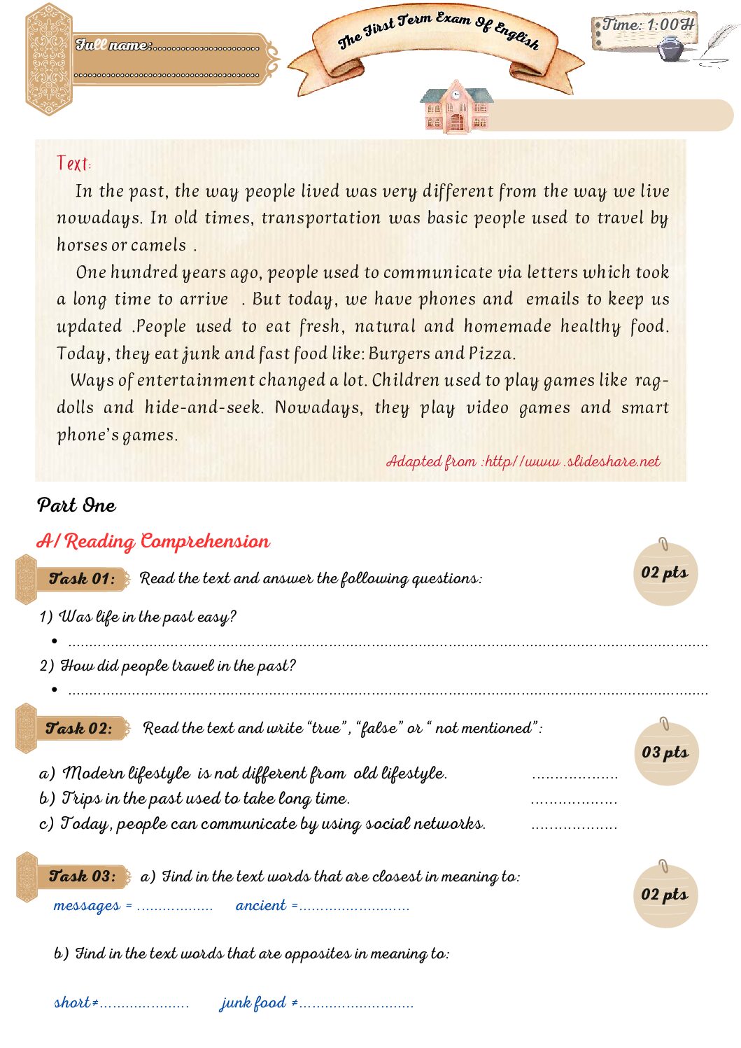 اختبار في اللغة الانجليزية الفصل الأول السنة الأولى متوسط رقم 70
