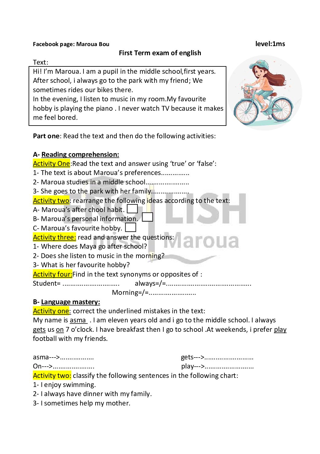 اختبار في اللغة الانجليزية الفصل الأول السنة الأولى متوسط رقم 72