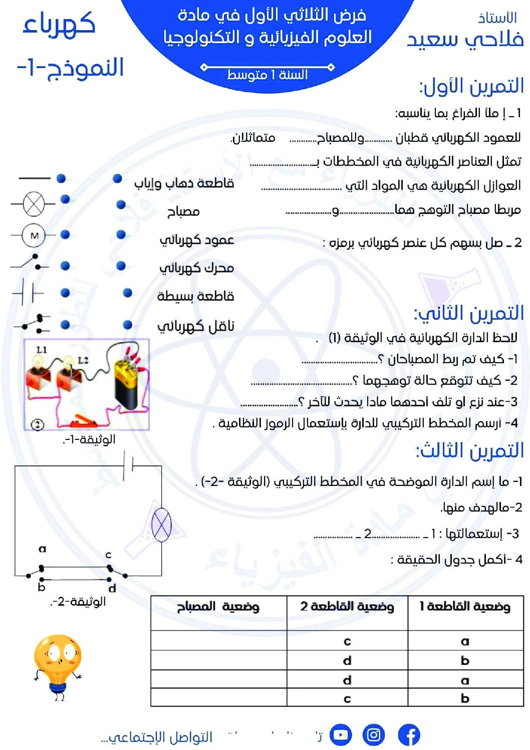 فرض في العلوم الفيزيائية الفصل الأول السنة الأولى متوسط رقم 84 مع التصحيح