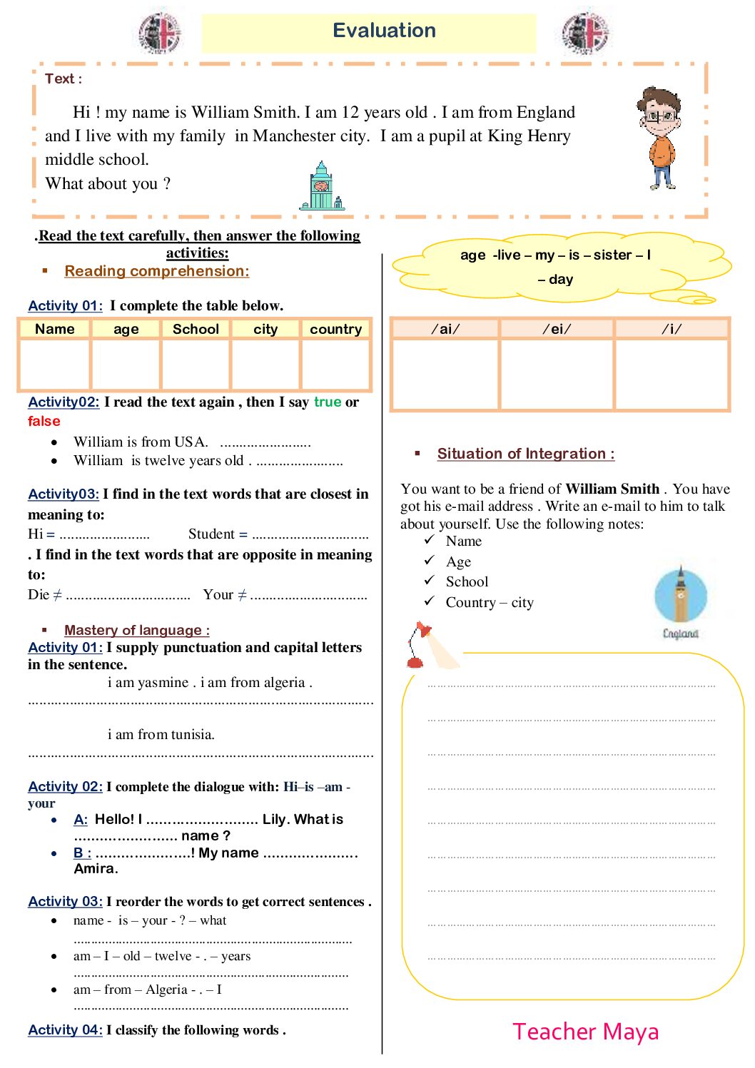 فرض في اللغة الانجليزية الفصل الأول السنة الأولى متوسط رقم 72