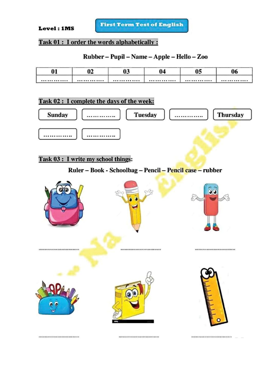 فرض في اللغة الانجليزية الفصل الأول السنة الأولى متوسط رقم 73 مع التصحيح