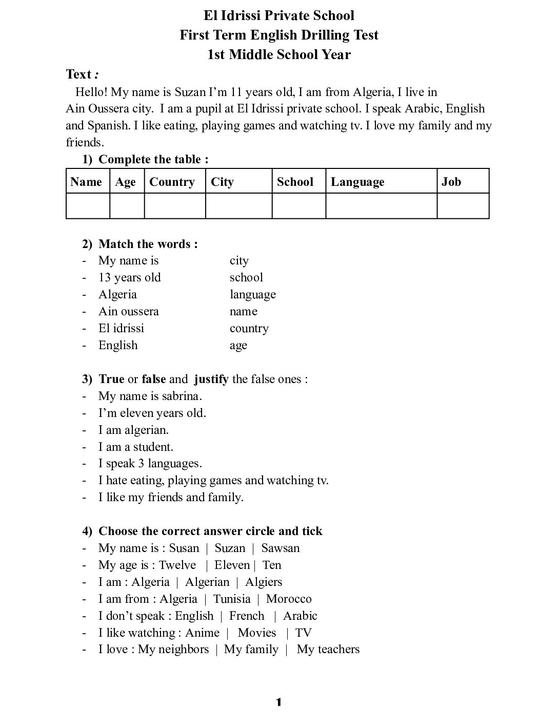 فرض في اللغة الانجليزية الفصل الأول السنة الأولى متوسط رقم 79