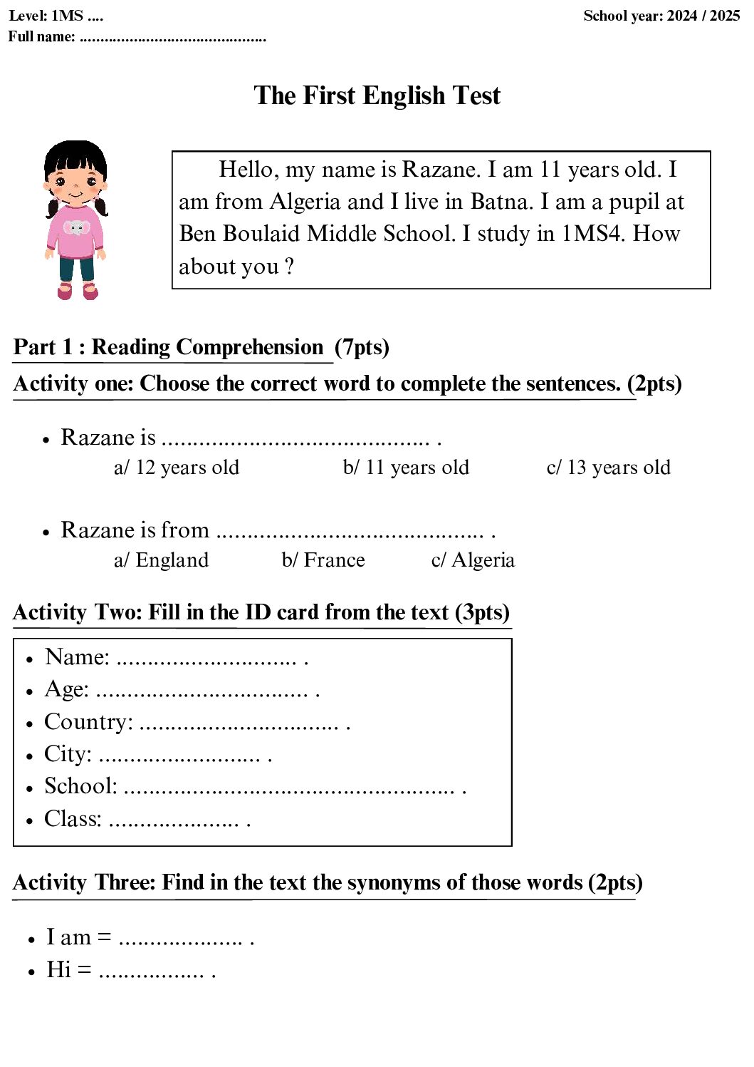 فرض في اللغة الانجليزية الفصل الأول السنة الأولى متوسط رقم 84