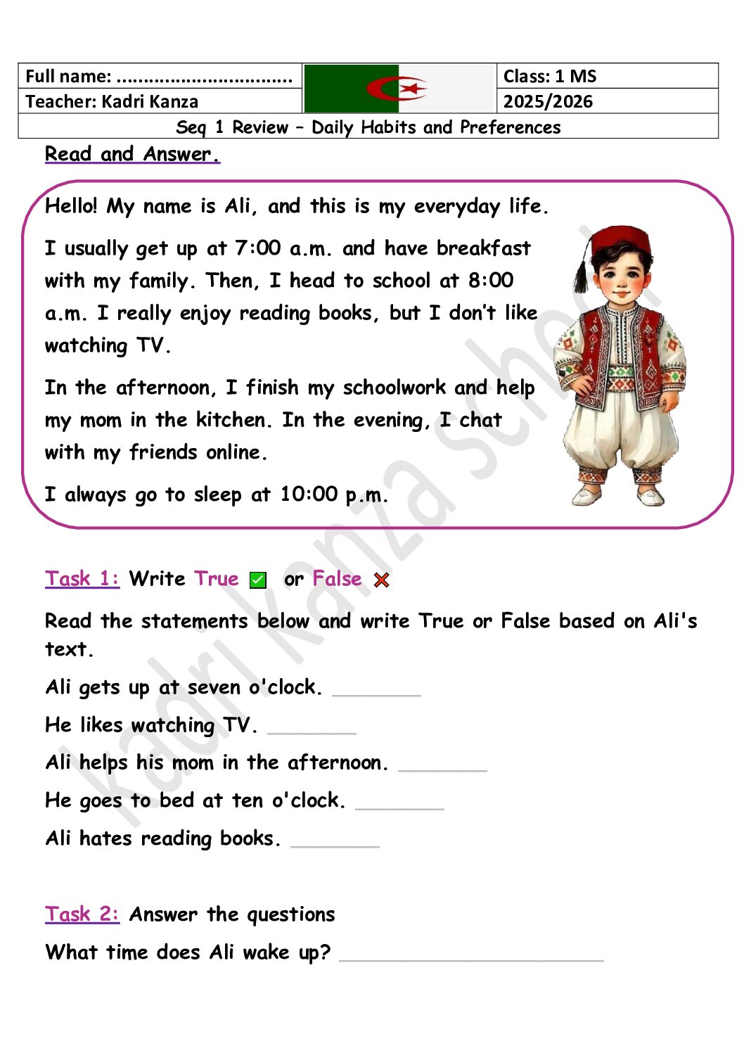 فرض في اللغة الانجليزية الفصل الأول السنة الأولى متوسط رقم 86 مع التصحيح