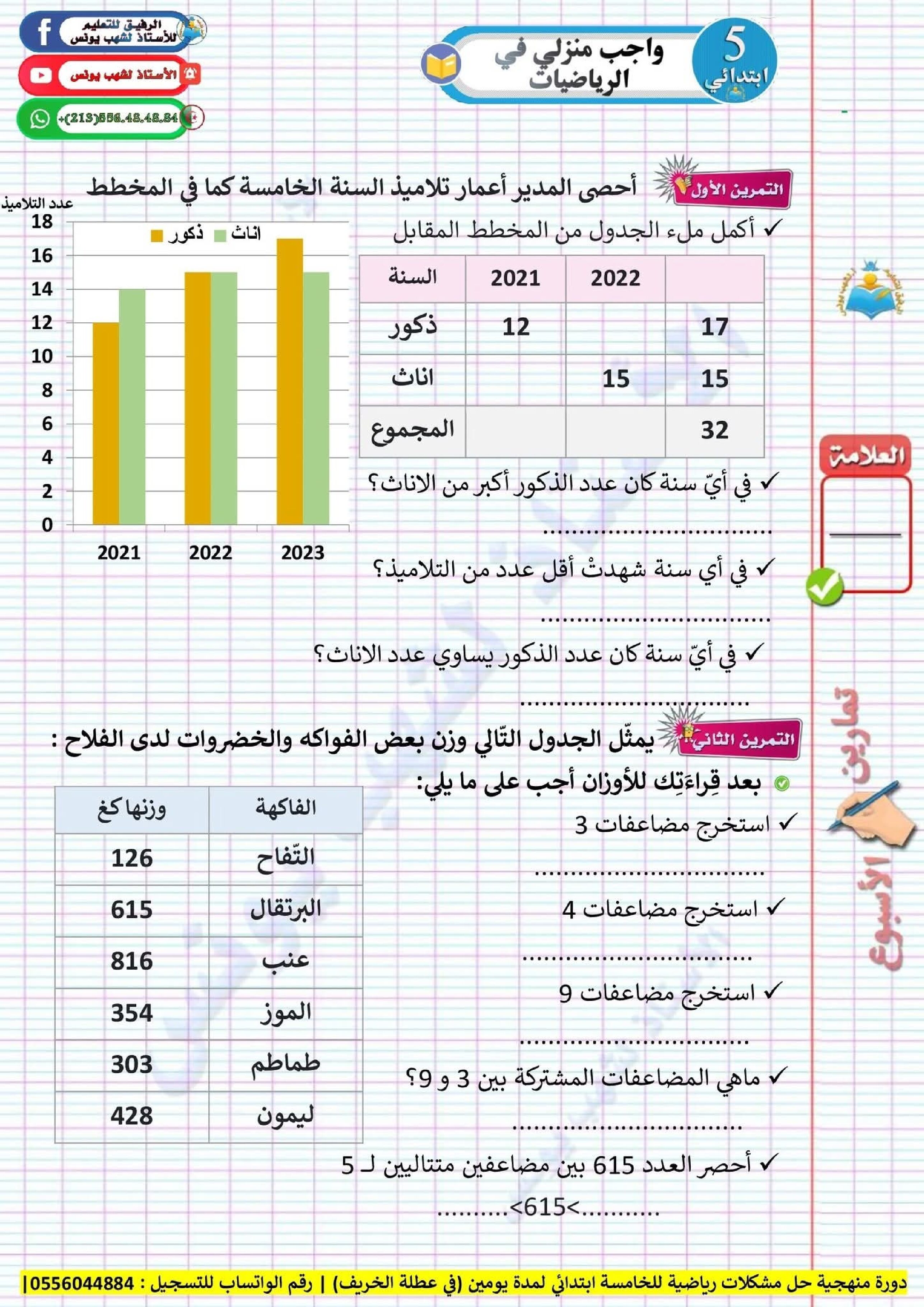 واجب منزلي في الرياضيات السنة الخامسة ابتدائي رقم 1