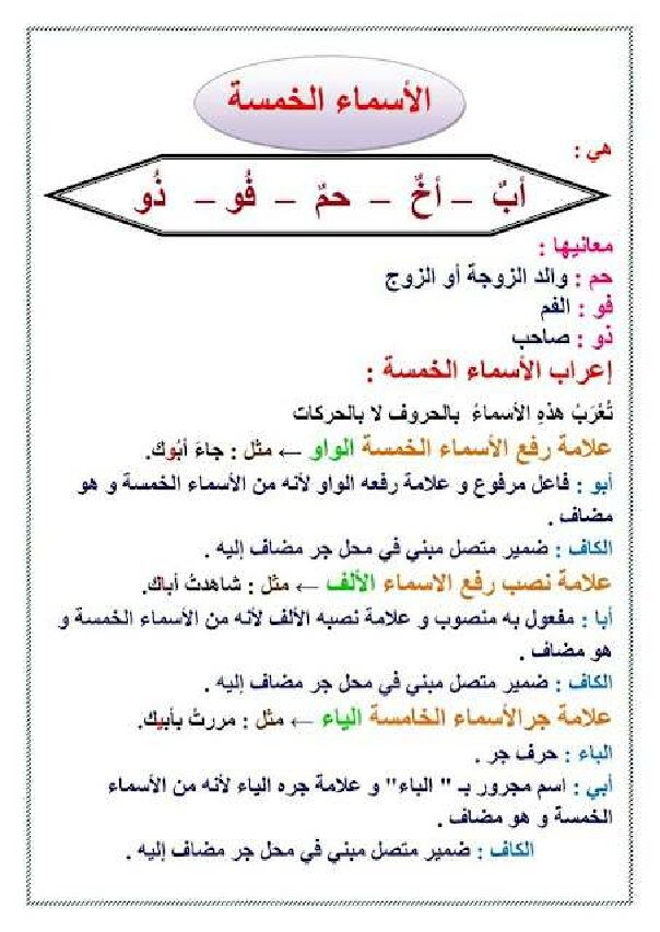 دروس الأسماء الخمس، النداء، المفعول المطلق، العطف و الإستثناء 5 ابتدائي