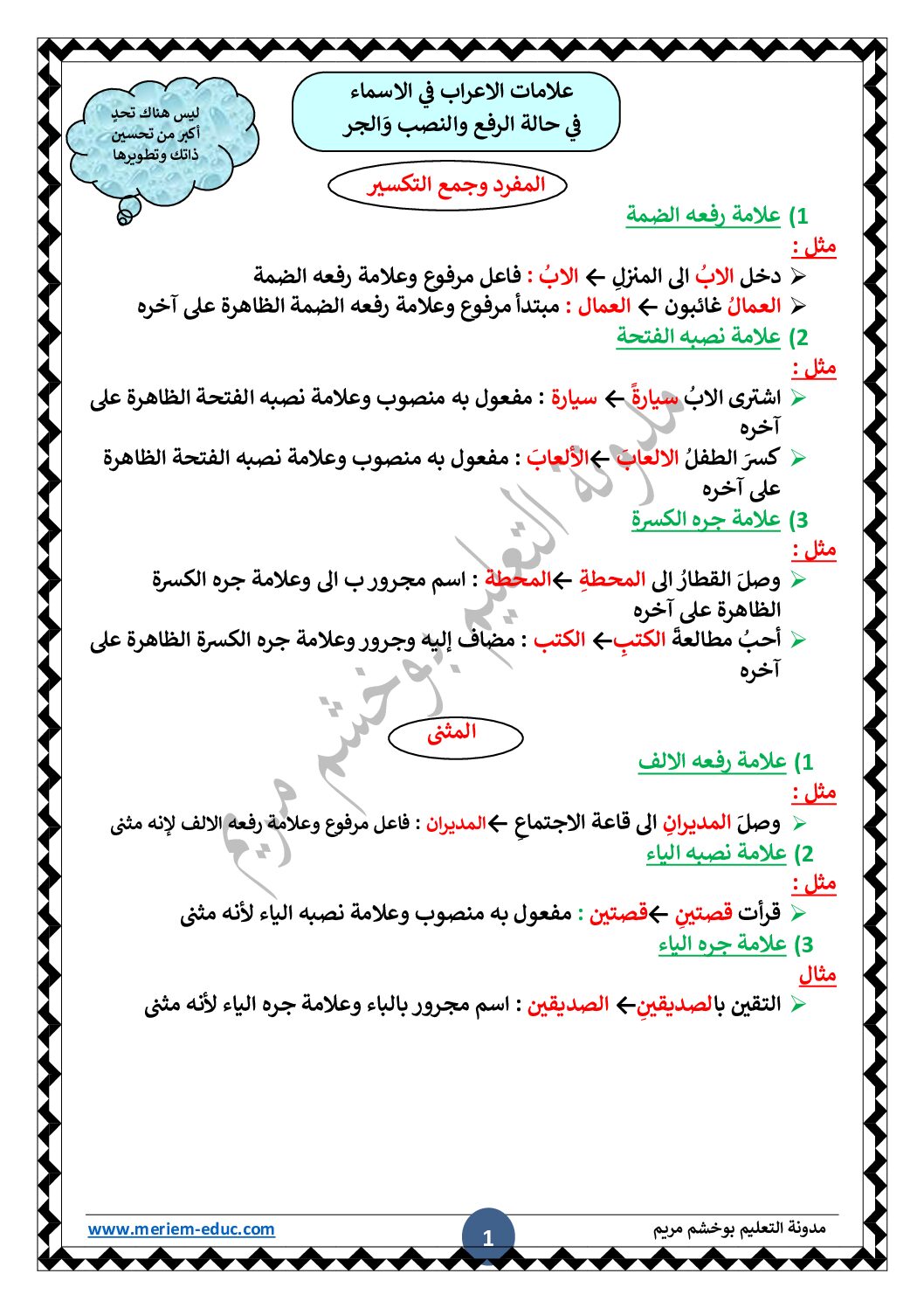 علامات الاعراب في الاسماء للأستاذة مريم بوخشم 5 ابتدائي