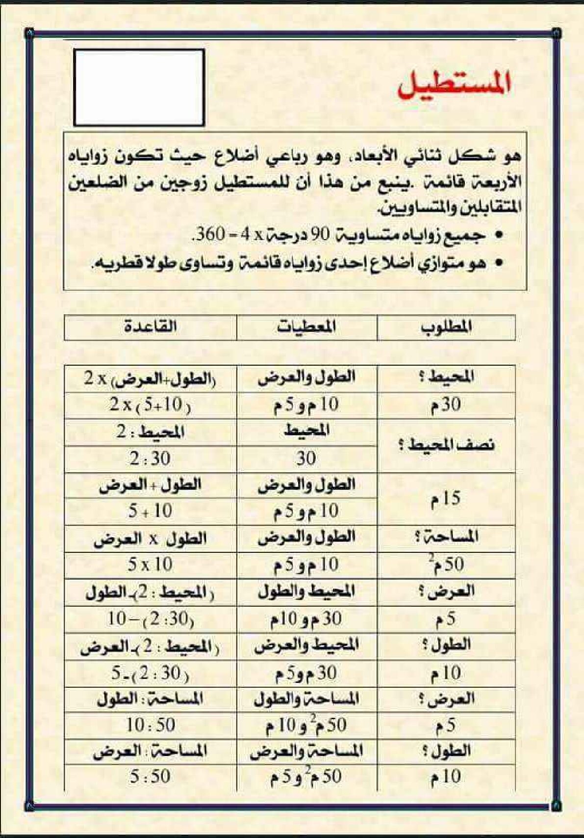 مراجعة درس المستطيل في الرياضيات 5 ابتدائي