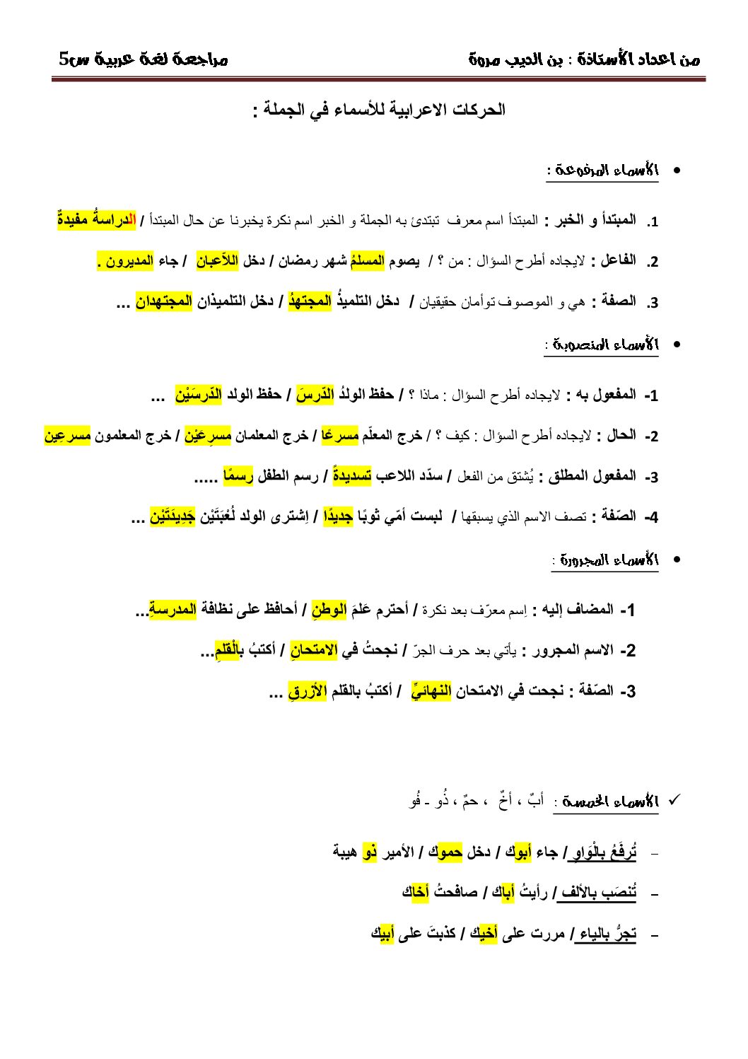 مراجعة نهائية في اللغة العربية إعداد الأستاذة مروة بن الديب 5 ابتدائي