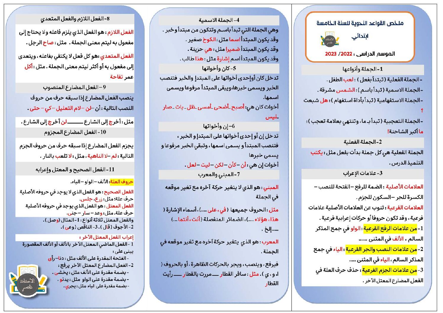 ملخص القواعد النحوية في اللغة العربية للاستاذ ناصر 5 ابتدائي