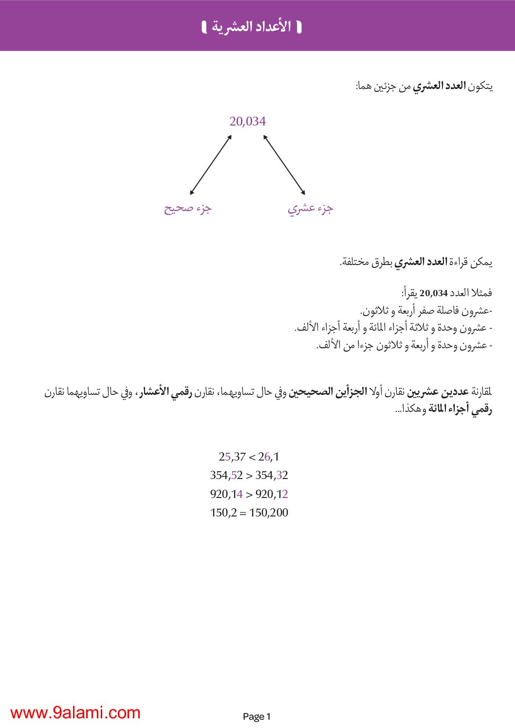 ملخص درس الأعداد العشرية في الرياضيات 5 ابتدائي
