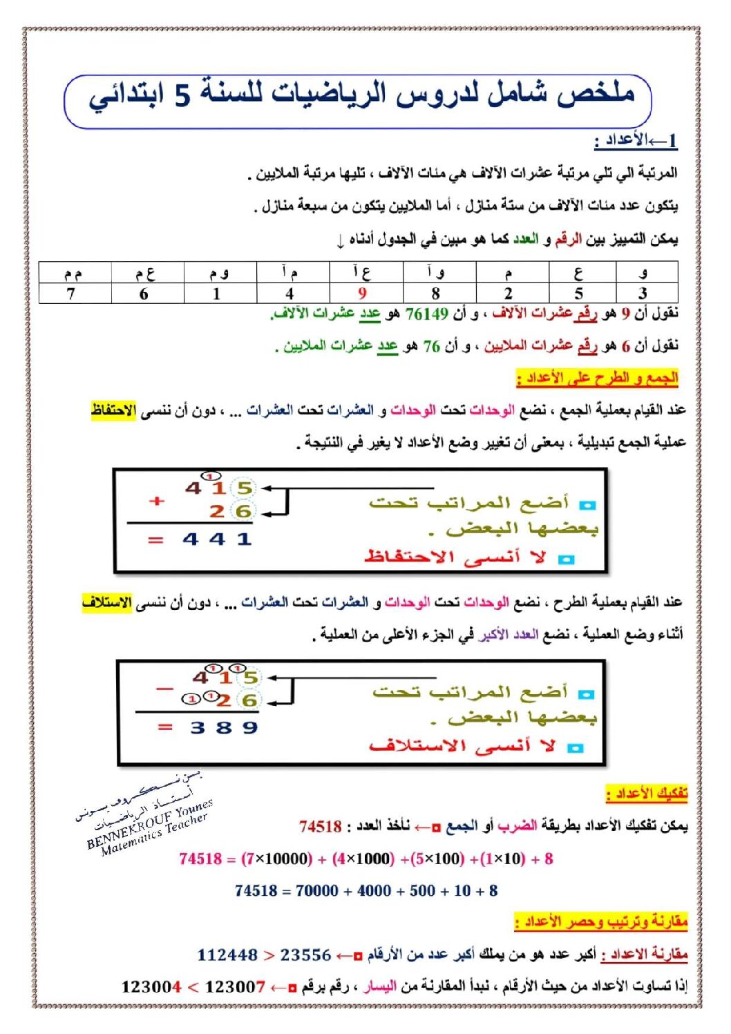 ملخص شامل لدروس الرياضيات للأستاذ بن نكروف يونس 5 ايتدائي