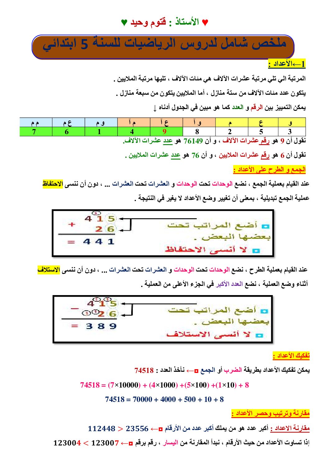 ملخص شامل لدروس الرياضيات للاستاذ وحيد قيتوم 5 ابتدائي